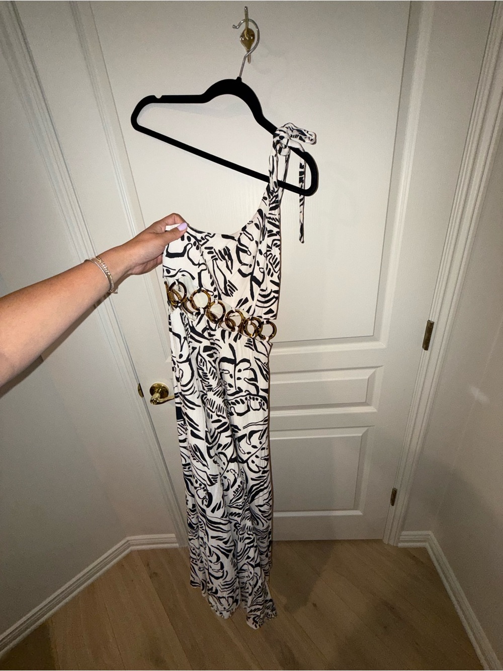 Women’s One-Shoulder Black & White Print Maxi Dress with Ring Accent